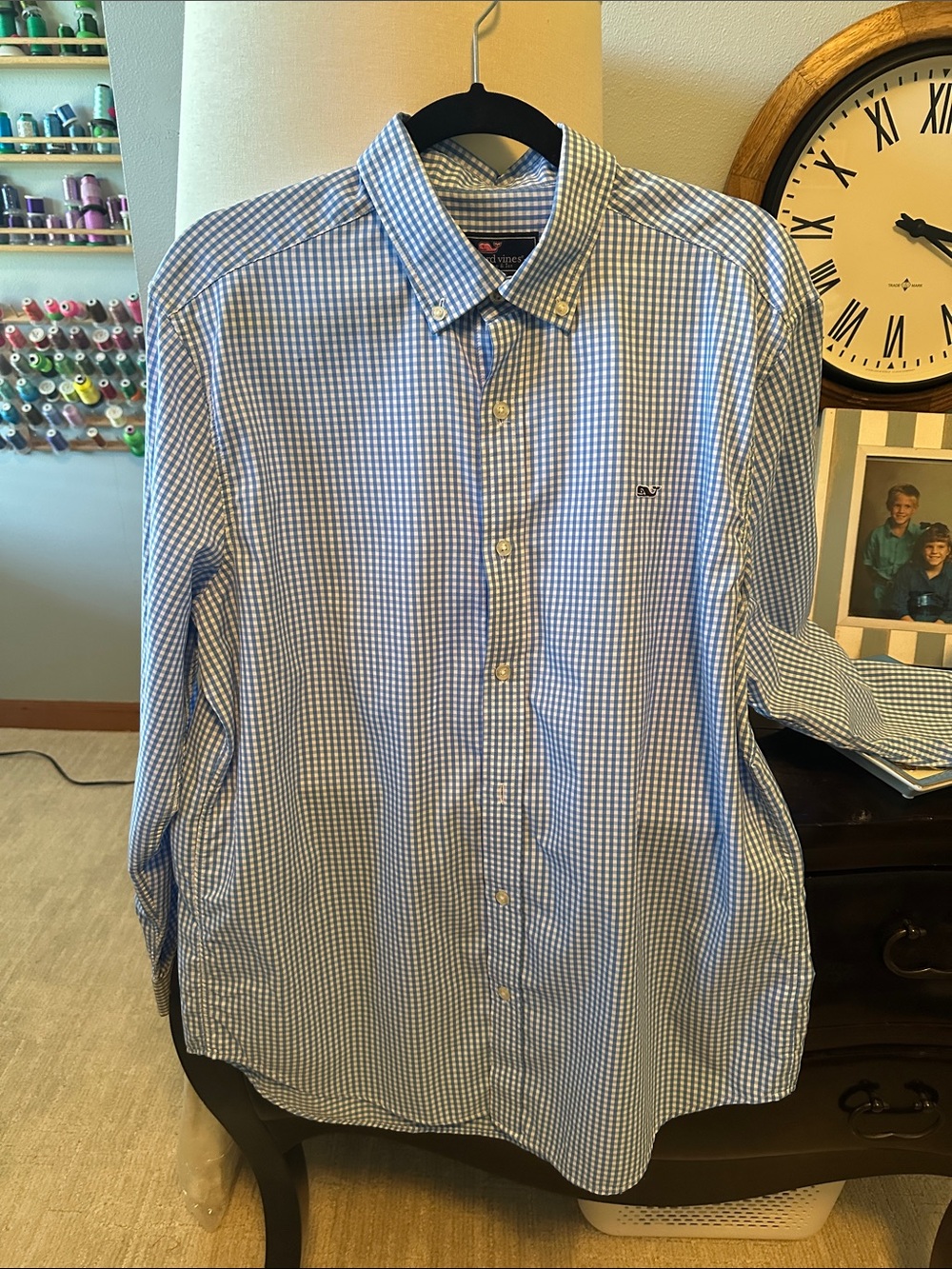 Vineyard Vines Blue and White Gingham Button-Down Shirt, size large